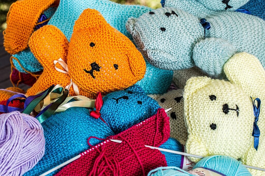Several knitted teddy bears