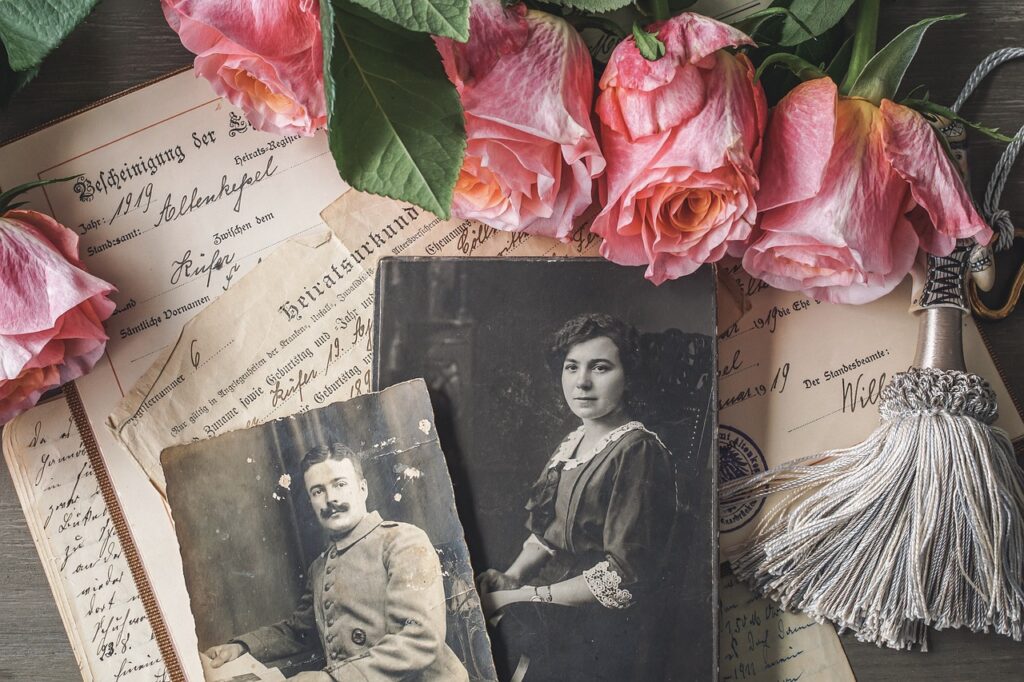 A picture of old family photographs and memorabilia