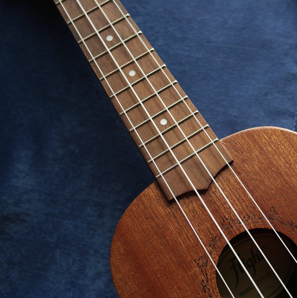 Close up photograph of a ukulele.